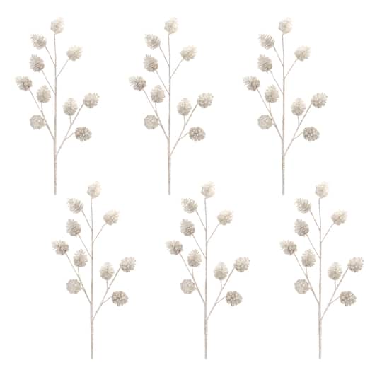 91085DS 31 in. Plastic Glitter Pine Cone Spray, Silver & White - Set of 6